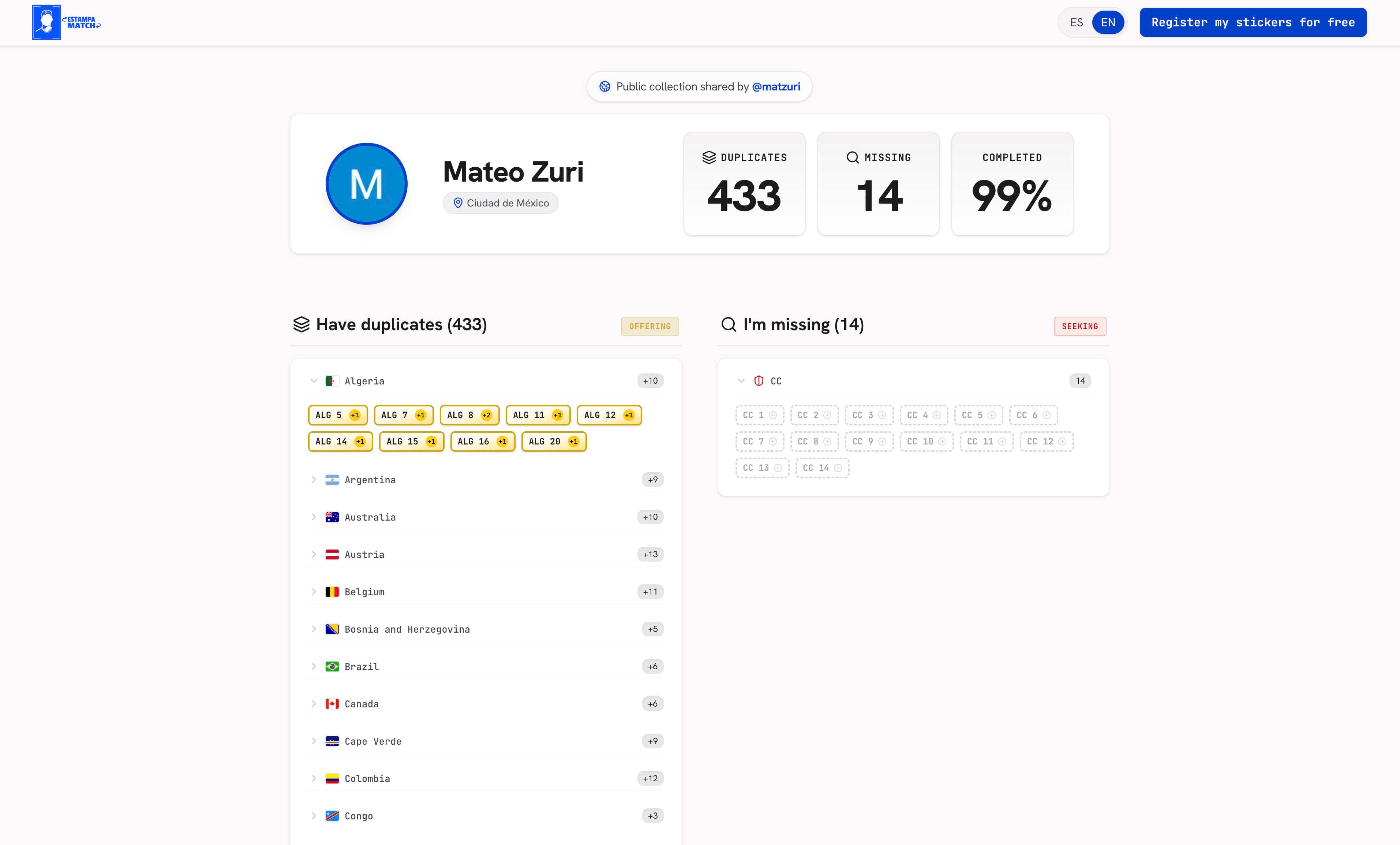EstampaMatch Public Profile